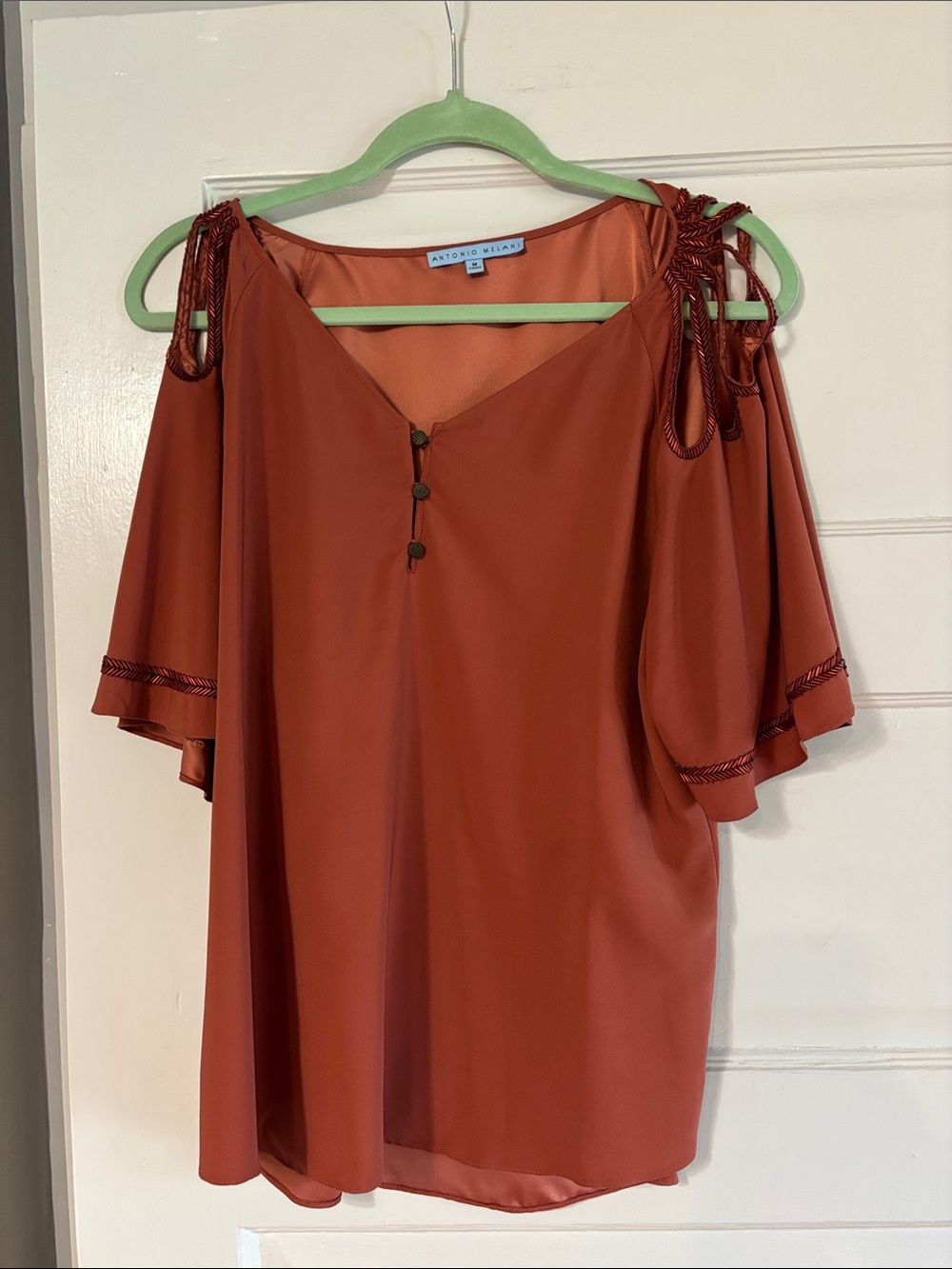 ANTONIO MELANI Rust Orange Cold-Shoulder Cut-Out Shoulder Blouse
